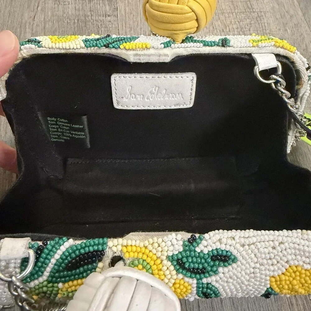 Sam Edelman Annabelle beaded Hard Case Clutch Purse Small Green White Yellow - Picture 7 of 7